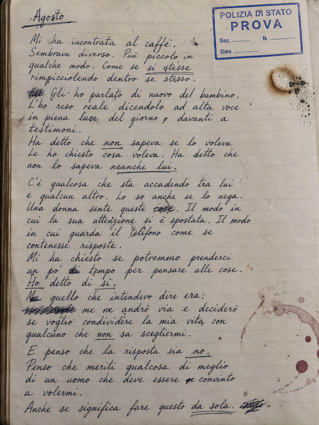Handwritten diary in Italian — Sonya, mid-August, four months pregnant, fear and distance.