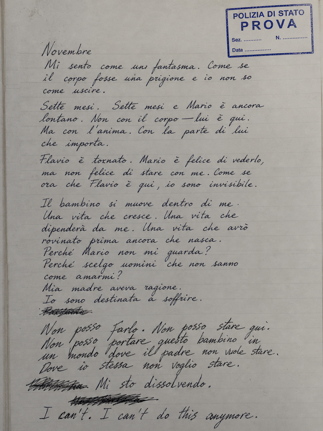 Handwritten diary page in Italian — Sonya, seven months pregnant, despair before her death.